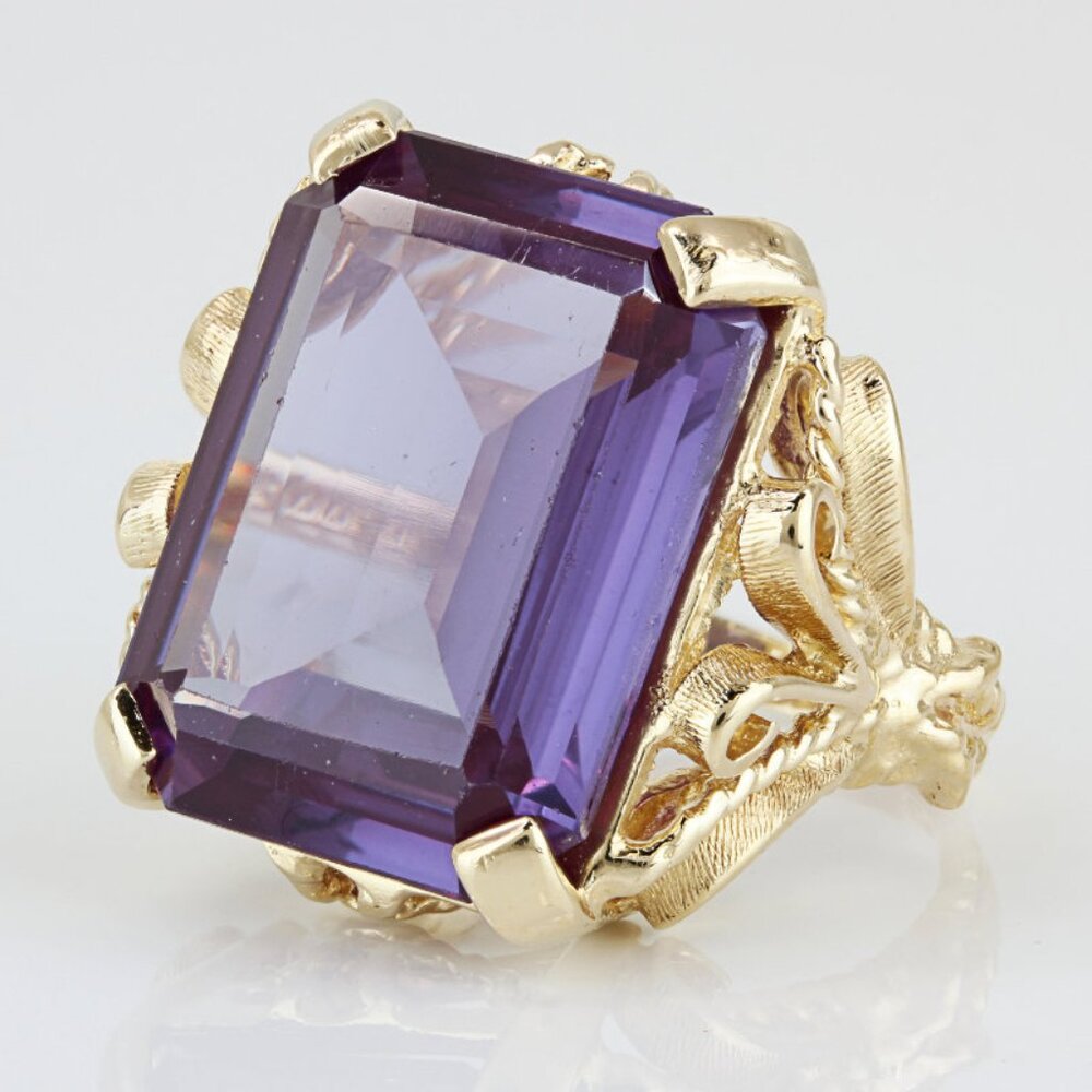 Vintage 14K Yellow Gold Lab-created Alexandrite Anniversary Statement Ring